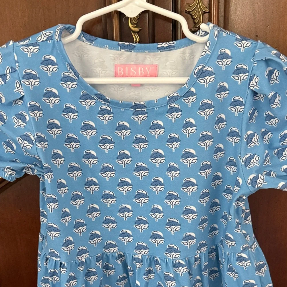 BISBY Girls Blue Print Dress Size 5 Puff Sleeve Cotton Boutique Dress